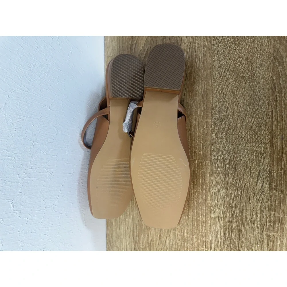 Camel Leather Square Toe Mary Jane Slingback Flats Double Strap NIB Sz 8